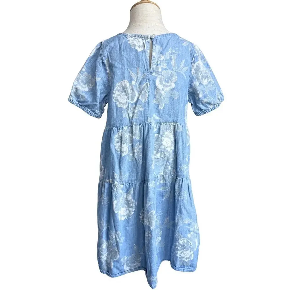 Old Navy Girls Chambray Floral Dress Blue Cottagecore Size S 6-7